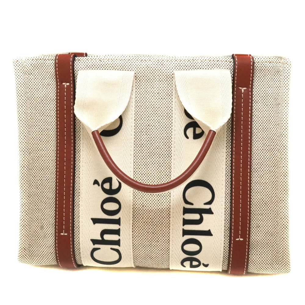 Chloe Woody Tote Bag Leather Canvas Brown White Handbag